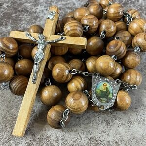 Vintage Large Rosary Catholic Wood Oval Beads Crucifix Prayer 45 In Long Priest